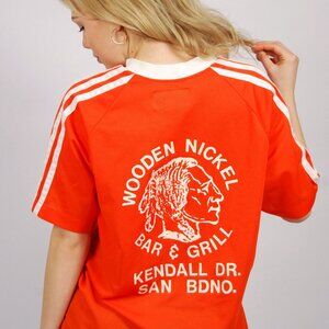 80s Bar Jersey (XL) vintage orange v-neck tavern t-shirt wooden nickel ringer